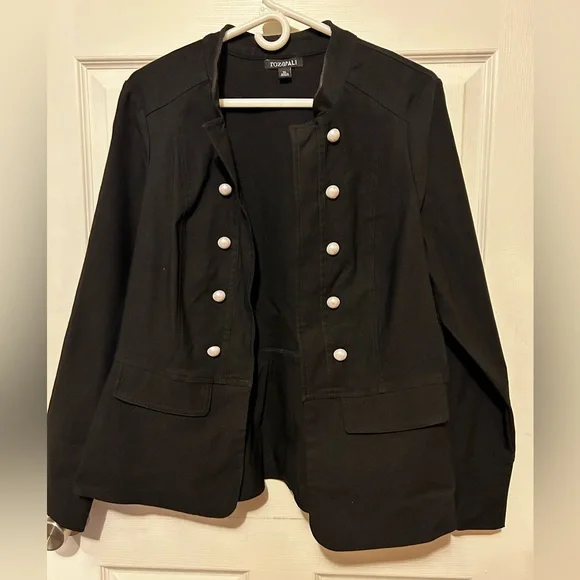 Roz & Ali Elegant Black Utility Jacket with White Buttons - Picture 3 of 4